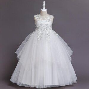 🆕Girls White Tulle Polyester Flower Dress Wedding Lace Embroidery Father Dance